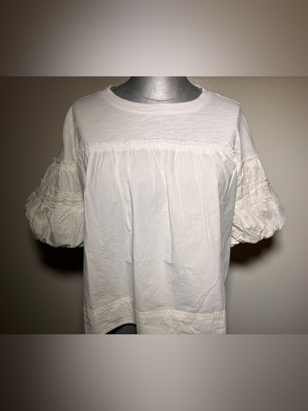 Pilcro Reworked Ruffle Sleeve Top White Cotton Puff Sleeve Mixed Media Blouse S - Picture 2 of 10